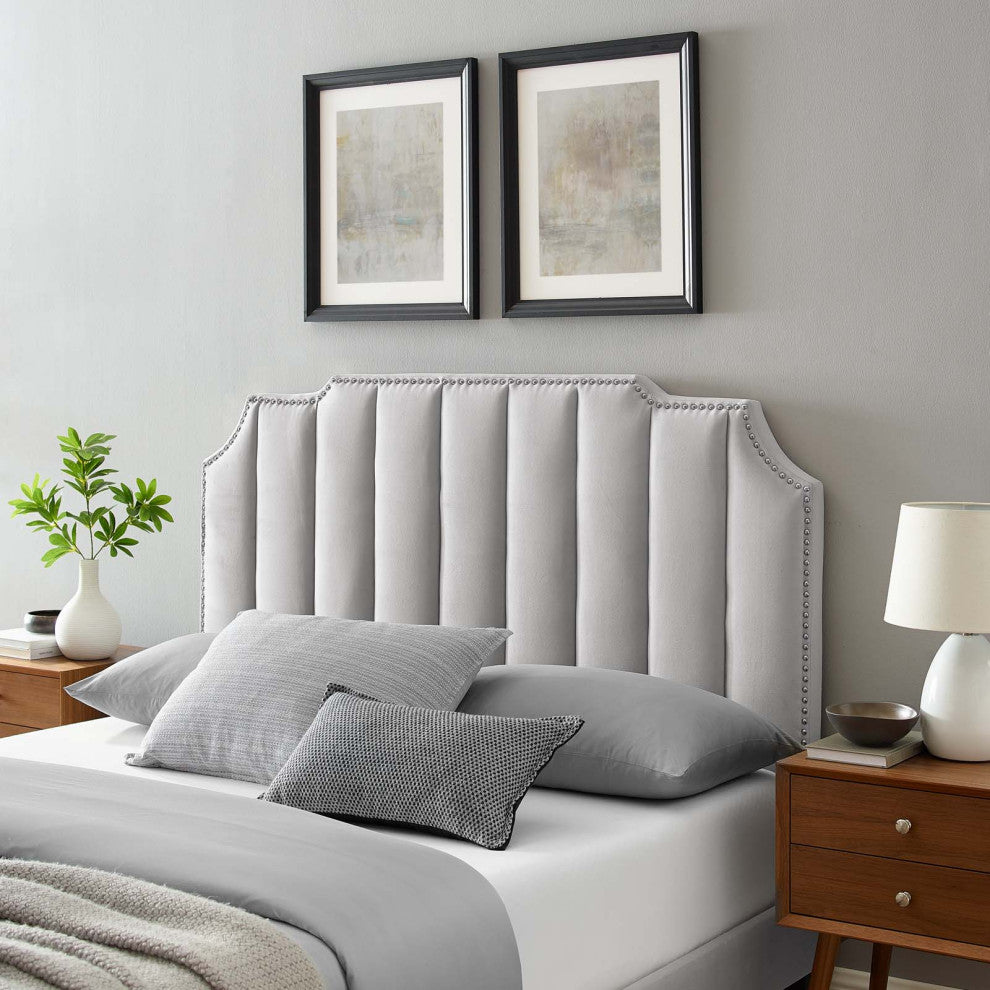 Headboard, King Size, Velvet, Light Gray, Modern Contemporary, Bedroom