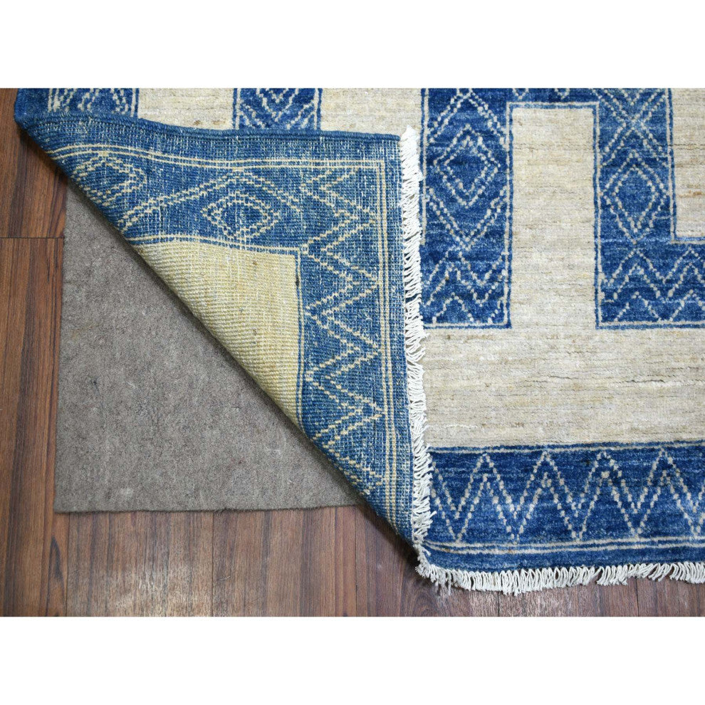 Denim Blue Maze Design With Berber Influence Hand Knotted Wool Rug, 9'2"x11'9"
