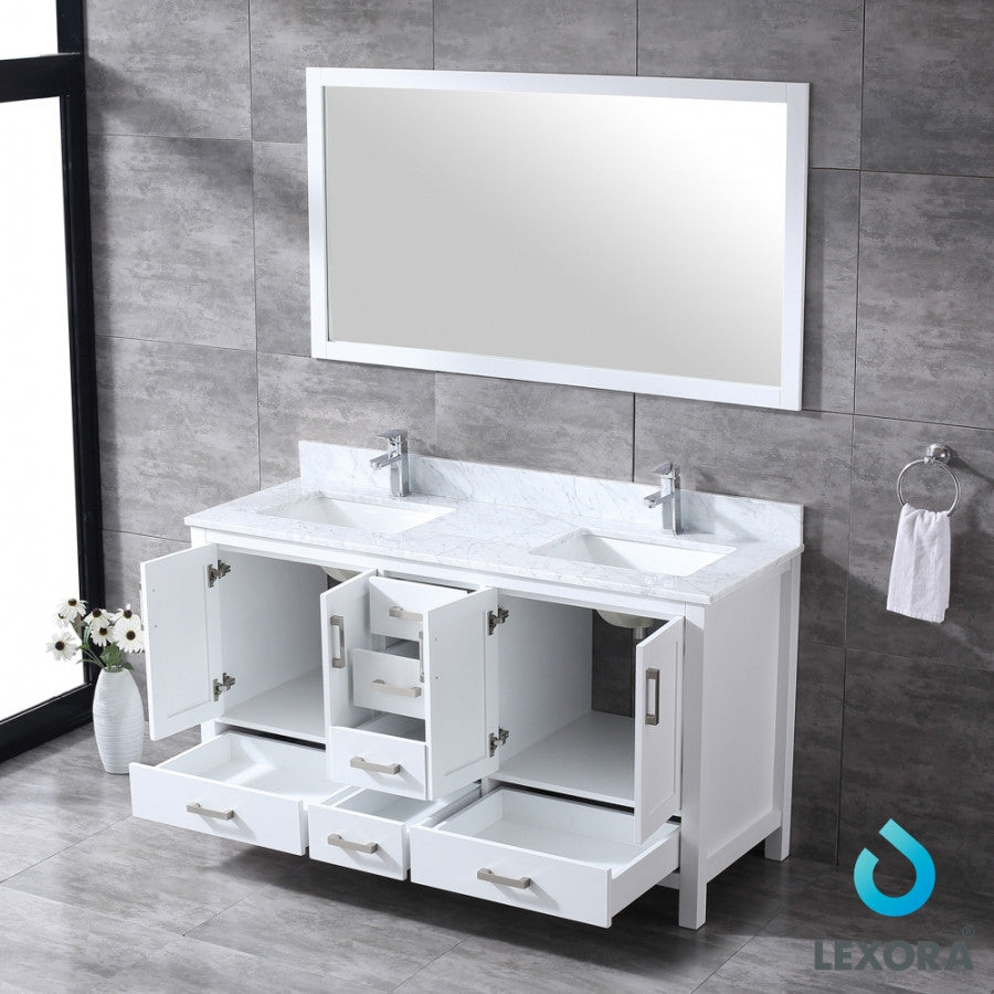 Jacques 60" Double Vanity Cabinet Carrara Marble Top Sinks, 58" Wall Mirror