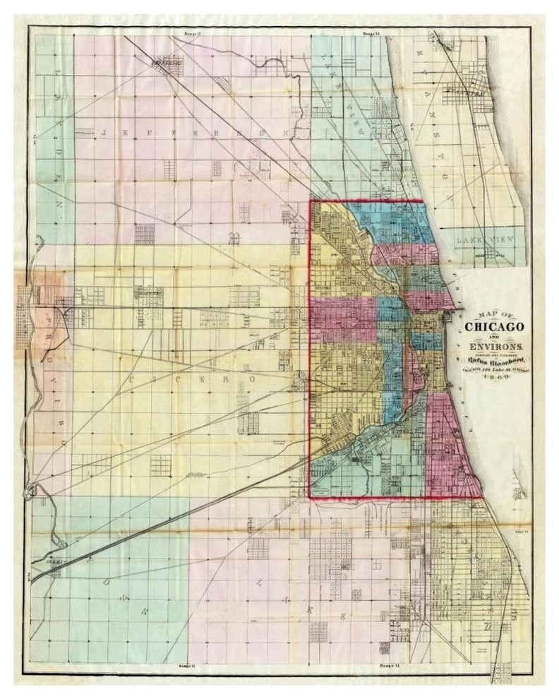 "Map of Chicago and Environs, 1869" Paper Print by Rufus Blanchard, 37"x46"