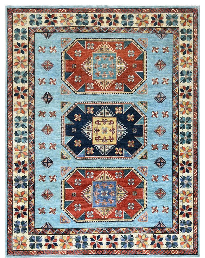 Sky Blue, Caucasian Design 200 KPSI Wool Hand Knotted Oriental Rug, 9'x11'8"