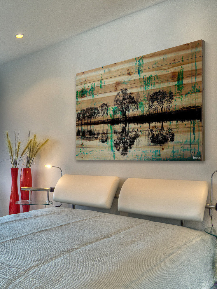 "Trees Reflect Green 2" Painting Print on Natural Pine Wood, 45"x30"