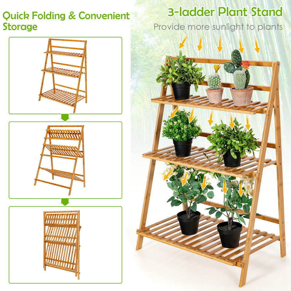 Costway Bamboo Ladder Plant Stand 3-Tier Foldable Flower Pot Rack Natural