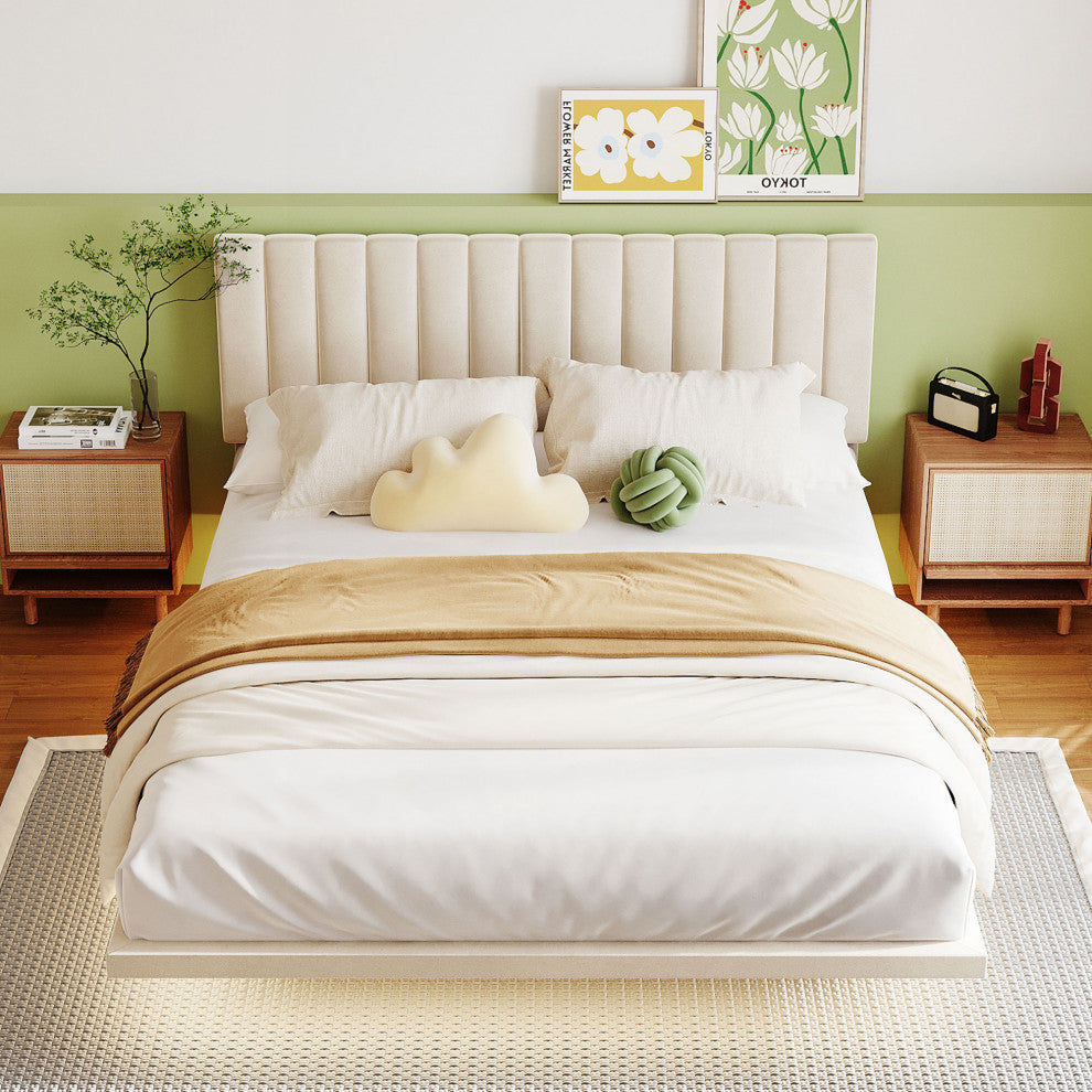 Gewnee Queen Size Upholstered Bed with Sensor Light and Headboard in Beige
