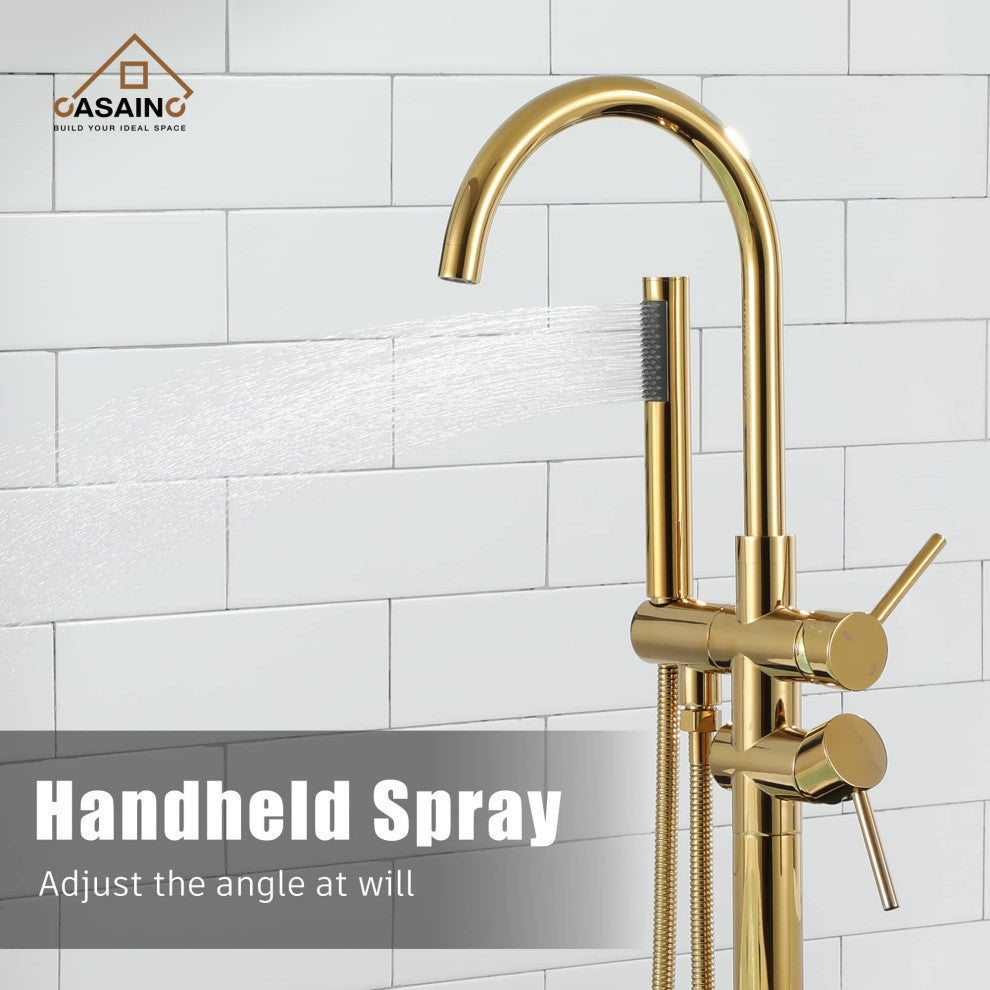 Freestanding Bathtub Faucet Hand Shower Floor-Mount High-arc Tub Faucet 2-Handle
