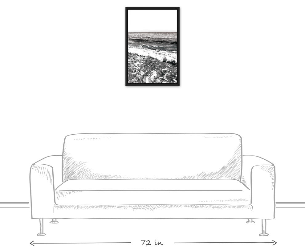 Black and White Ocean Waves 16x24 Black Floating Framed Canvas