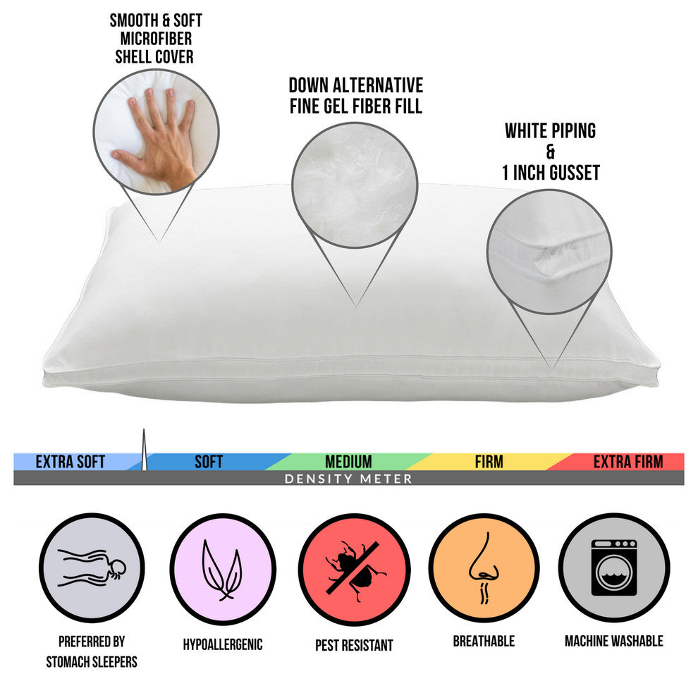 2-Pack Gusseted Microfiber Gel Filled Soft Stomach Sleeper Pillows, Queen
