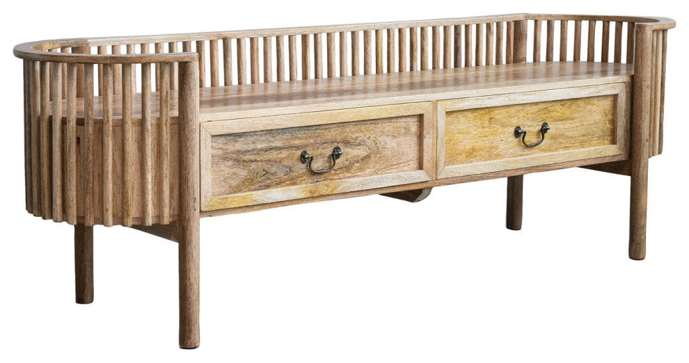 Mango Wood Slatted Bench With 2 Drawers and Metal Pulls, Natural and Brass