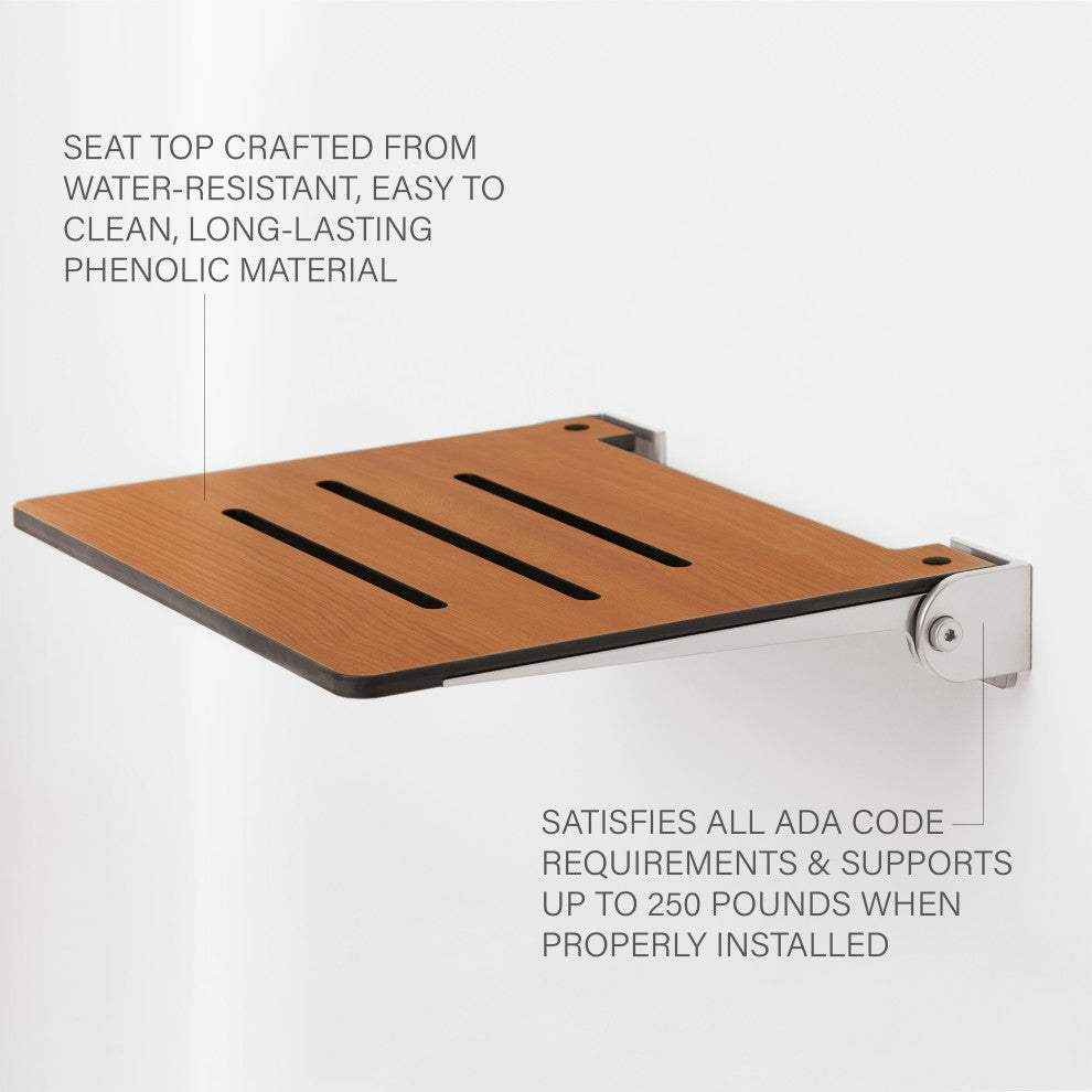 Seachrome SlimLine Folding Wall Mount Shower Seat, Teak Seat With Silver Frame