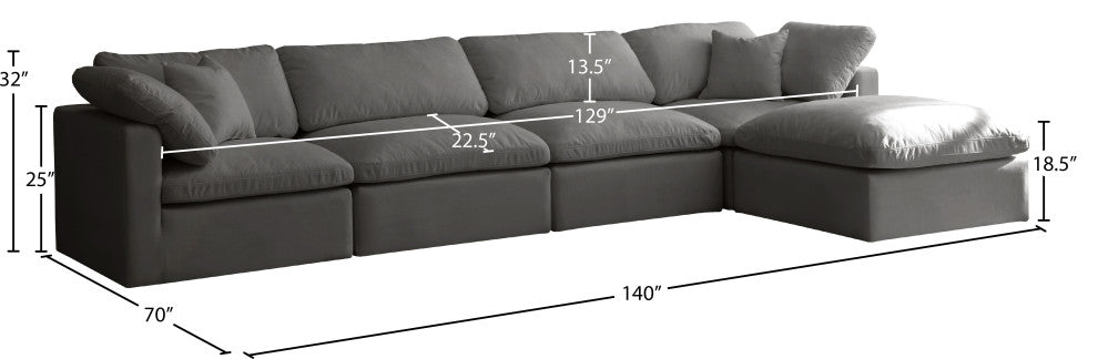 Plush Velvet / Down Standard Comfort L-Shaped Modular Sectional, Gray, 5-Piece: 2 Armless Chair, 2 Corner Chair, 1 Ottoman