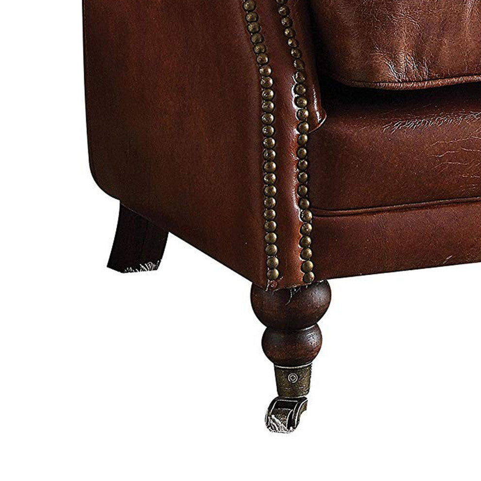 Benzara BM177728 Leather Upholstered Accent Chair With Nailhead Trim, Dark Brown