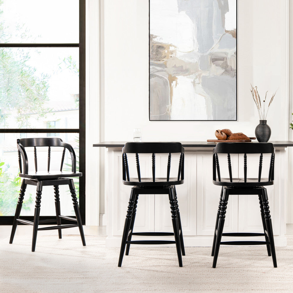 Breda 25.5" Turned Bubble Spindle Low-Back Wood Swivel Counter Stool, Black