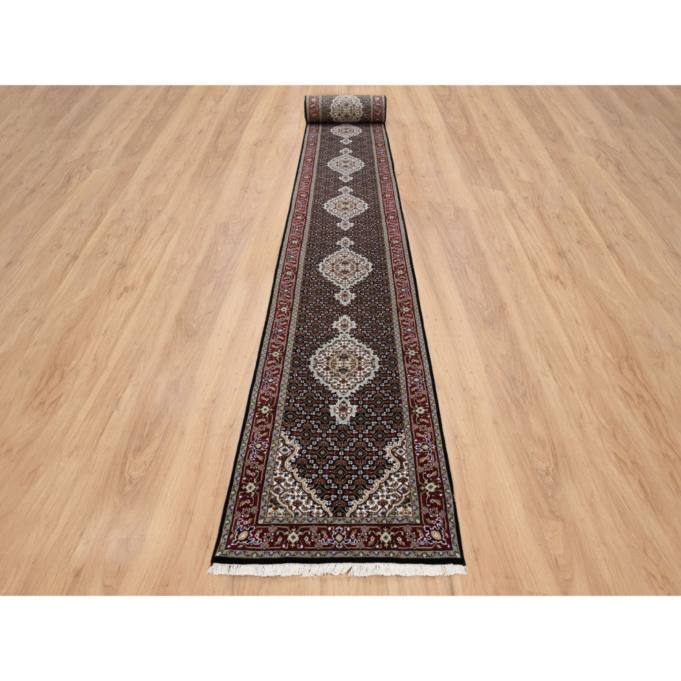 Rich Black Hand Knotted Soft Wool and Silk Runner Oriental Rug, 2'4"x27'1"
