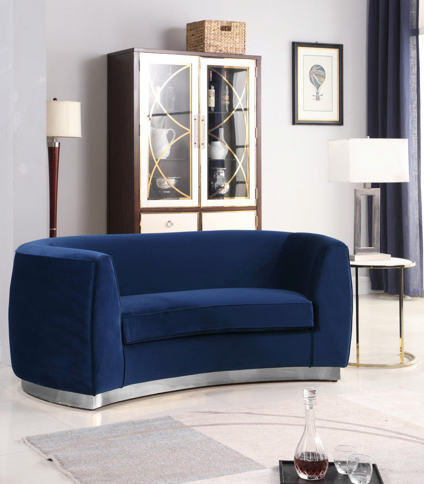 Julian Velvet Upholstered Loveseat, Navy, Chrome Base
