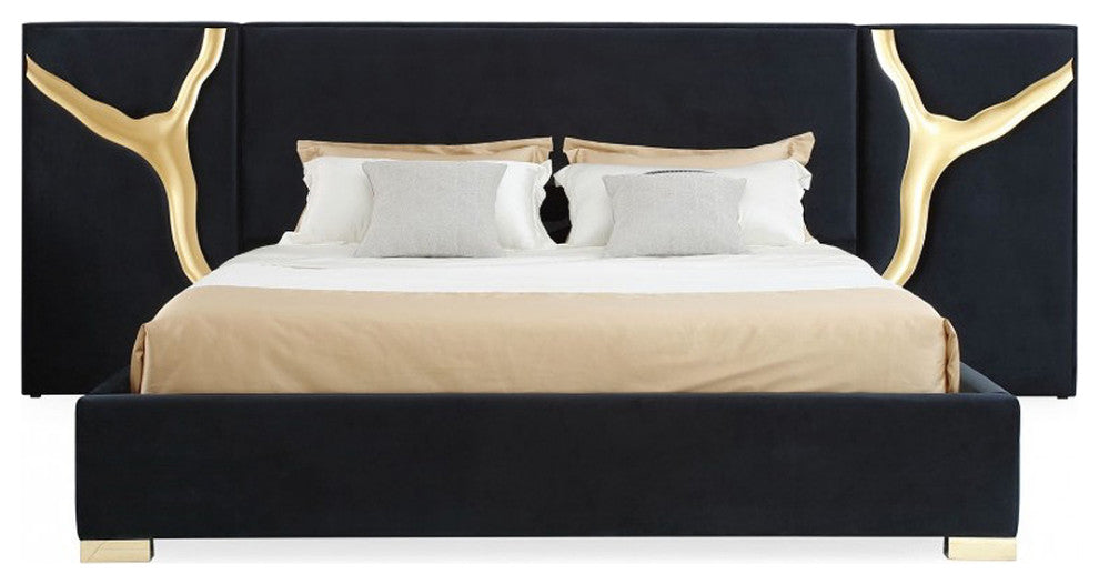 Piaz Headboard Bed, Glam Luxe Gold Eastern King Bed Black Velvet