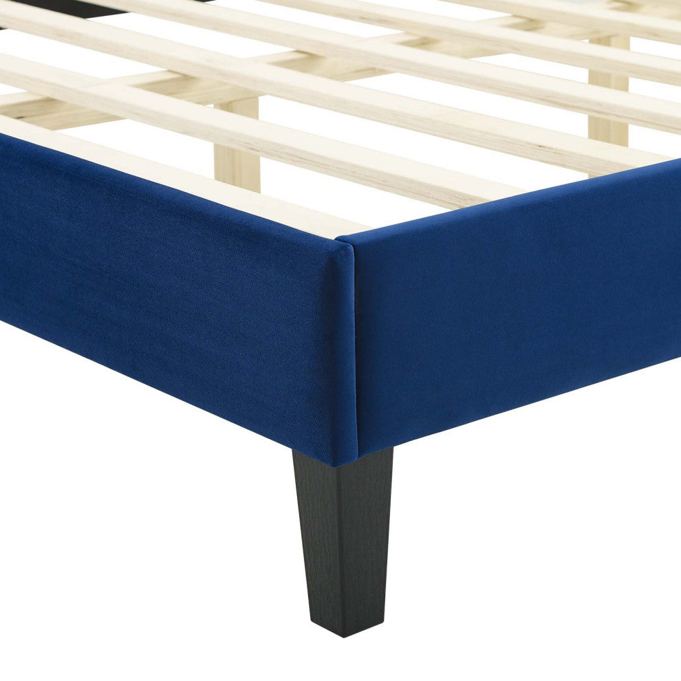 Platform Bed Frame, King Size, Velvet, Blue Navy, Modern Contemporary, Bedroom