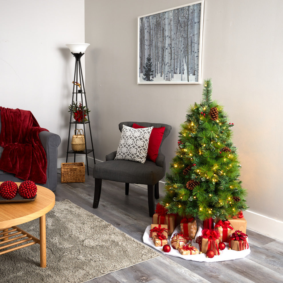 4' Montana Mixed Pine Faux Xmas Tree With Pine Cones, Berries & 150 Clear Lights
