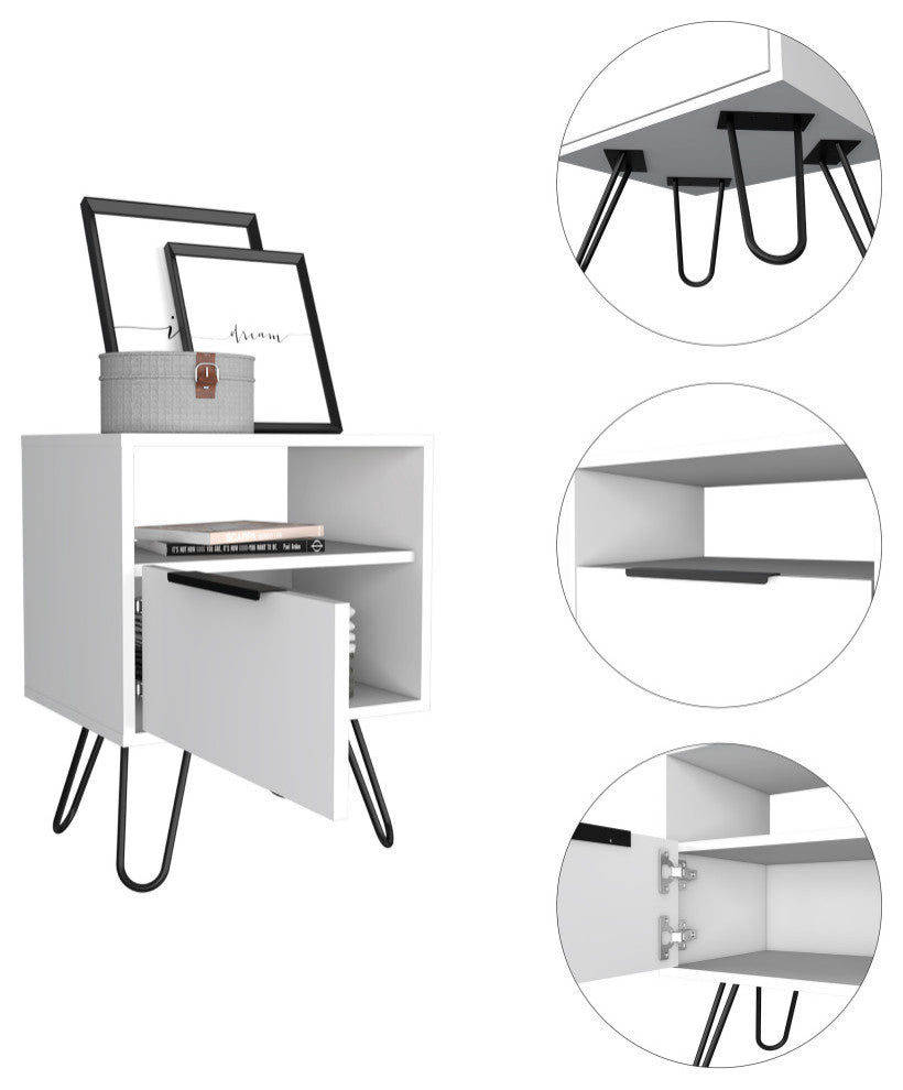 Vienna Modern Bedroom Nightstand with Cabinet and Hairpin Legs, White