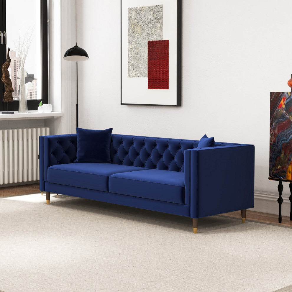 Lewis Mid-Century Modern Luxury Tufted Velvet Sofa, Dark Blue