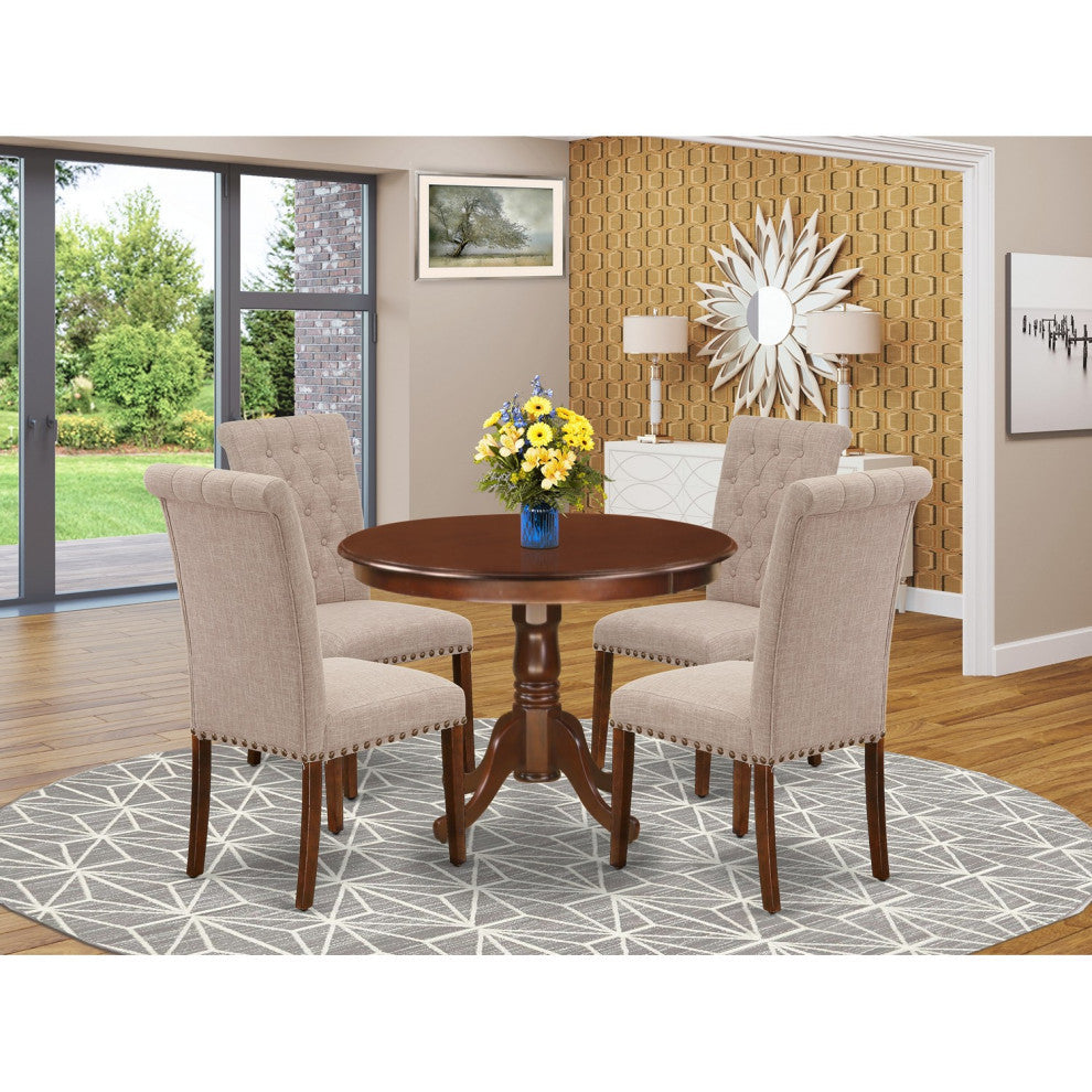 5Pc Dining Set, Round Table, Four Parson Chairs, Light Fawn Fabric, Mahogany