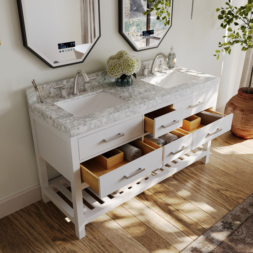 Arcadia Bath Vanity, White, 60", Brushed Nickel Hardware, Double, Freestanding