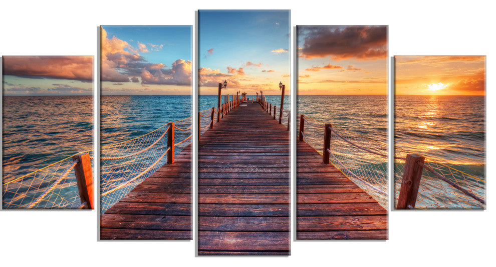 Sunset over Wooden Sea Pier, Large Modern Canvas Art Print, 60"x32", 5 Panels