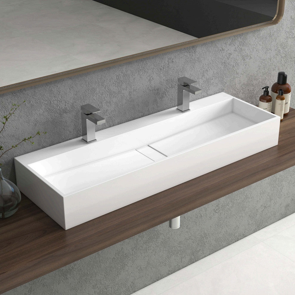 47 Inch Wall-Mount Double Sink Stone Resin Floating Trough Bathroom Sink, Glossy White