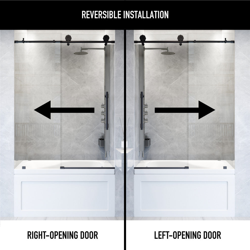 VIGO Elan Hart 56" to 60" W x 66" H Frameless Sliding Tub Door, Matte Black, Clear Glass