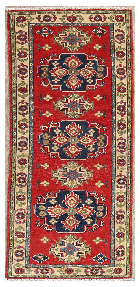 Kazak Pakistani Traditional Oriental Hand Made Wool Runner Rug, Red, 5'11"X2'1"