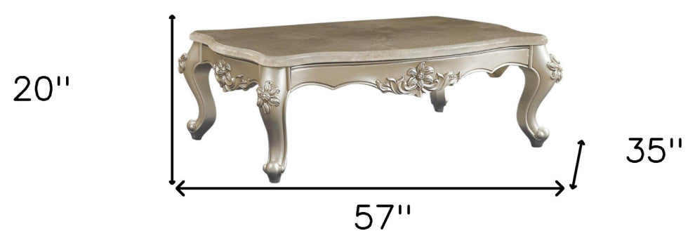 57" Beige Genuine Marble And Solid Wood Coffee Table
