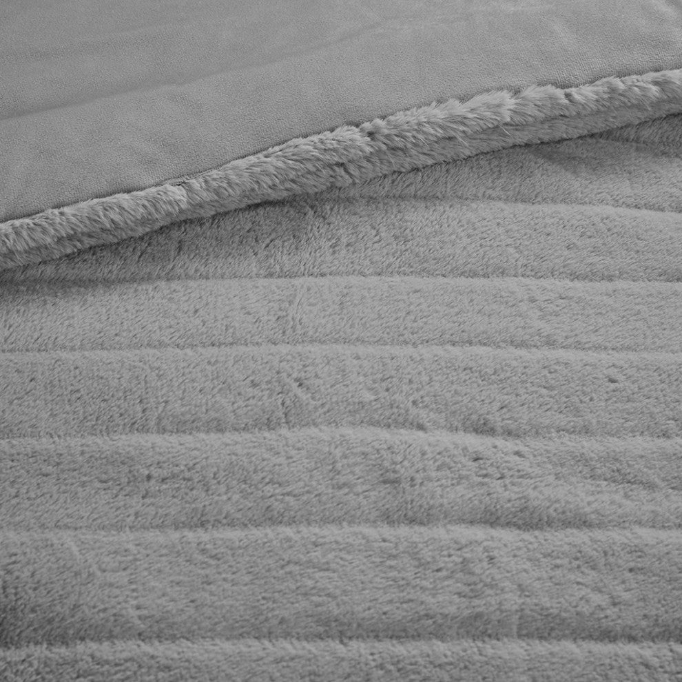 Madison Park Amara Striped Faux Fur Plush Comforter Mini Set, Grey, Grey, King/C