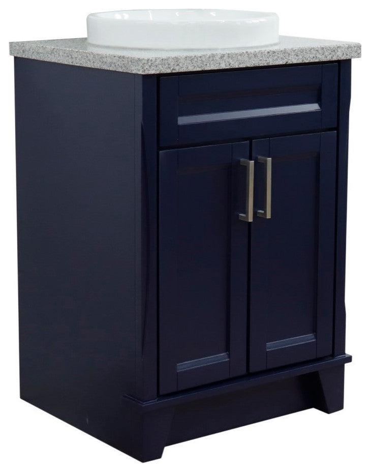 25" Single Sink Vanity, Blue Finish With Gray Granite And Round Sink