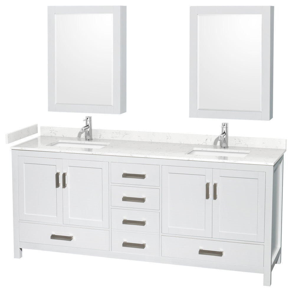 80"DBL Vanity White, Carrara Cult. Marble Countertop, Sinks, Med. Cabinets