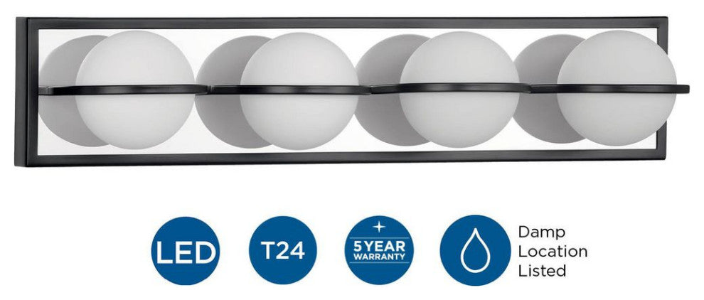Pearl LED 4-Light Opal Glass LED Modern Bath Vanity Light, Matte Black