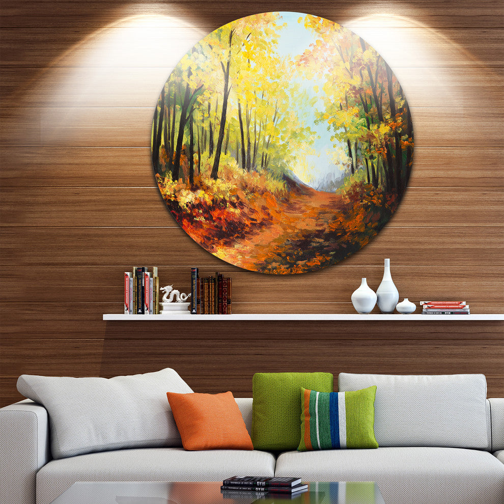 Autumn Forest Pathway, Landscape Disc Metal Wall Art, 38"