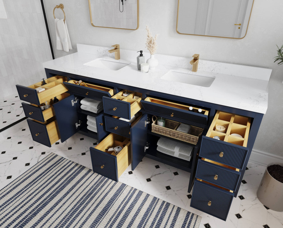Sonoma 84 Double Sink Reeded Bath Vanity in Hale Navy Blue 2" Calacatta Laza
