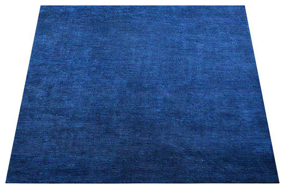 Hand Knotted Loom Silk Mix Area Rug Solid Dark Blue
