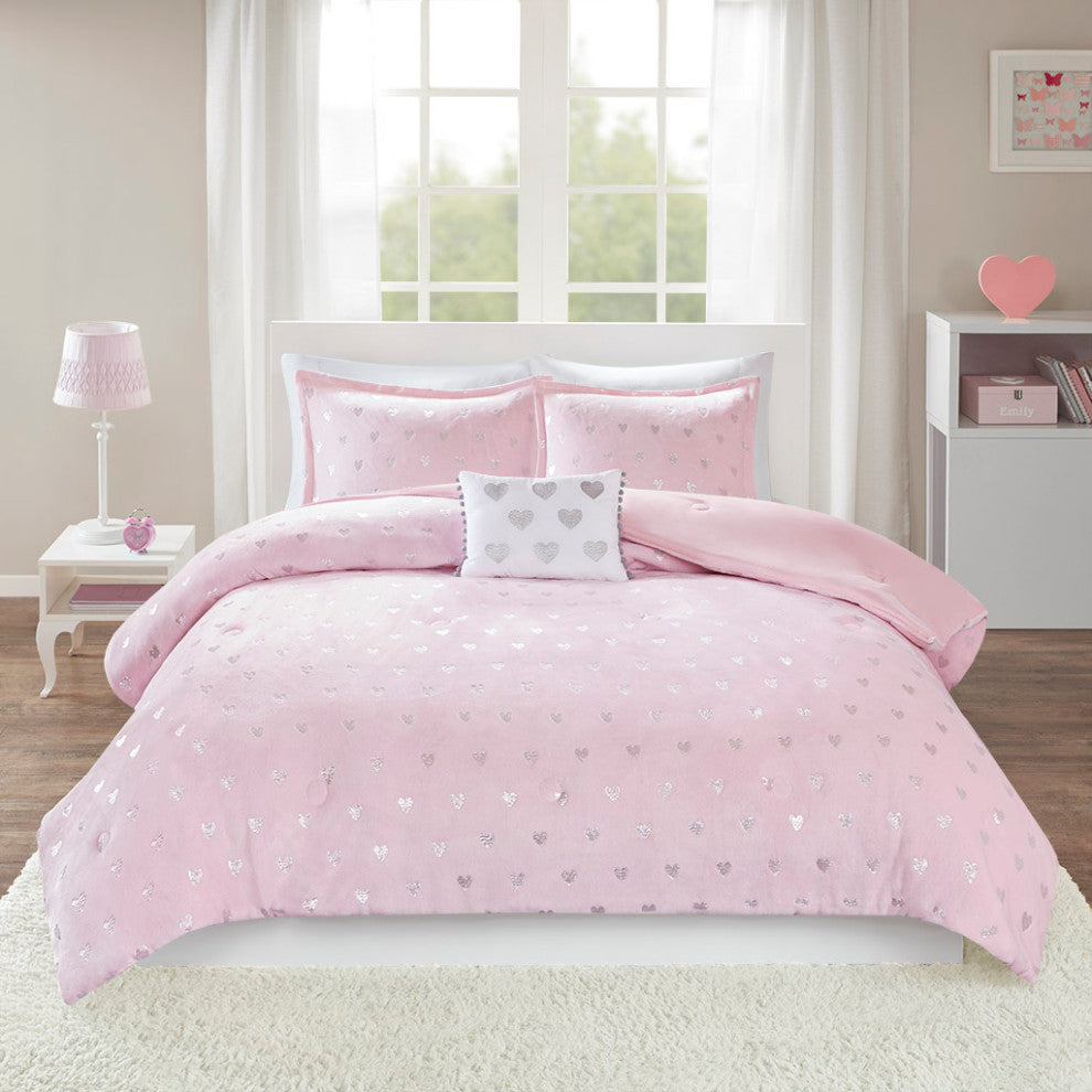 Mi Zone Rosalie Metallic Printed Plush Comforter Set, Pink/Silver
