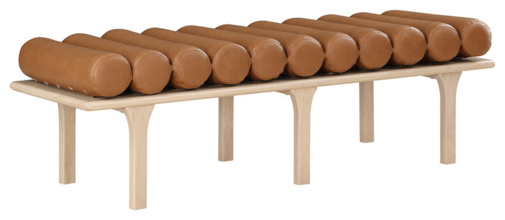 Landon Faux Leather Bench, Cognac, Natural Oak Finish
