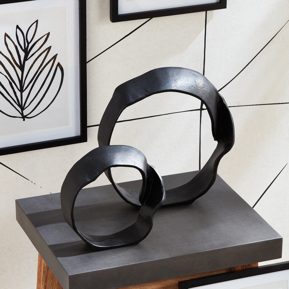 Set of 2 Modern Abstract Round Ring Circle Sculpture Black Metal Organic Shape