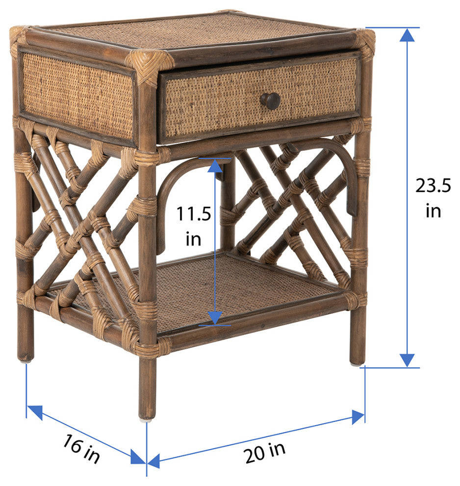 Rattan Chippendale Bedside Table, Natural, Antique Brown