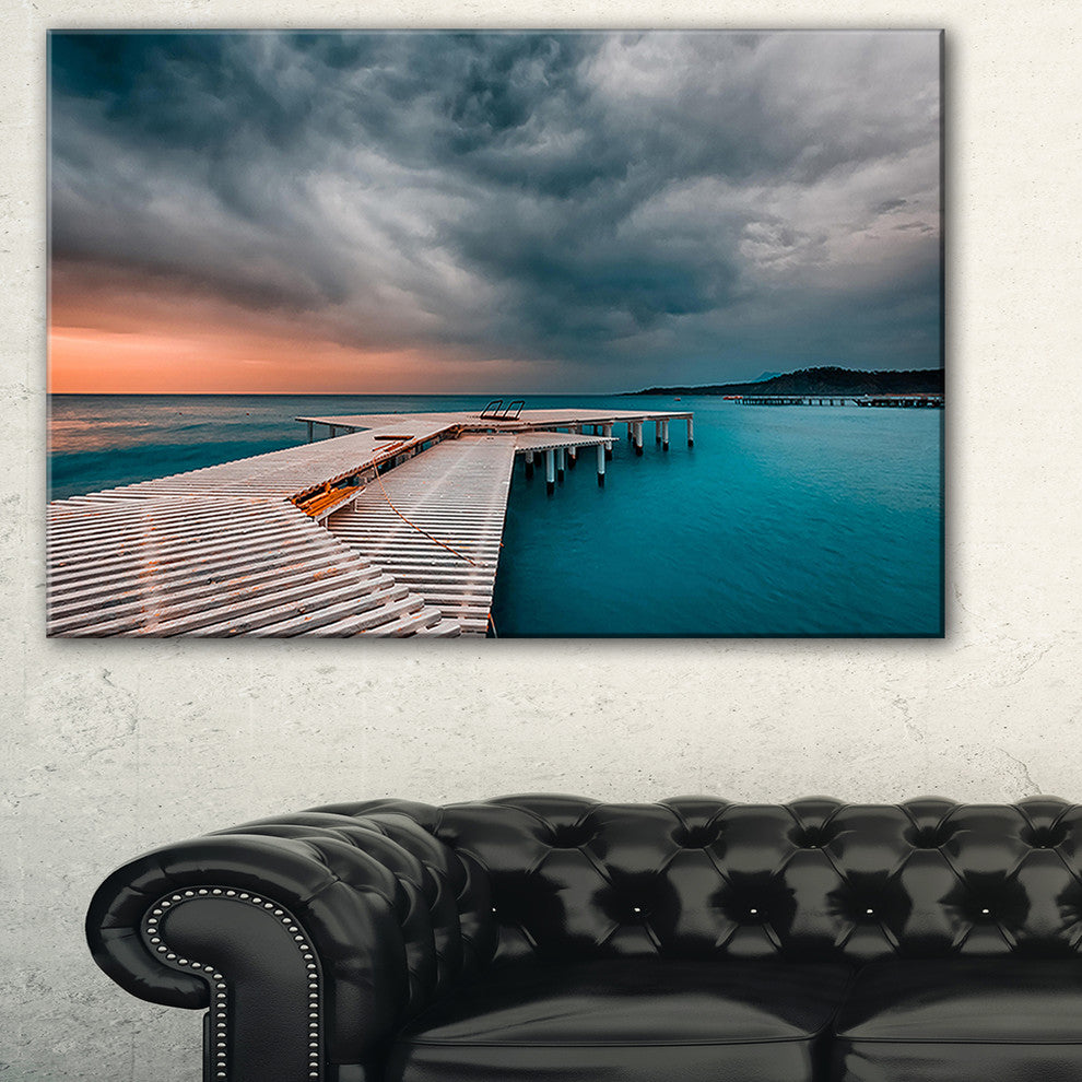"Pier in Ocean in Cloudy Day" Seashore Canvas Photo Print, 32"x16"