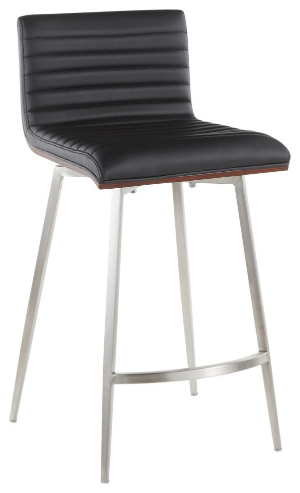 Mason Swivel Counter Stool, Set of 2, Stainless Steel/Walnut Wood/Black PU