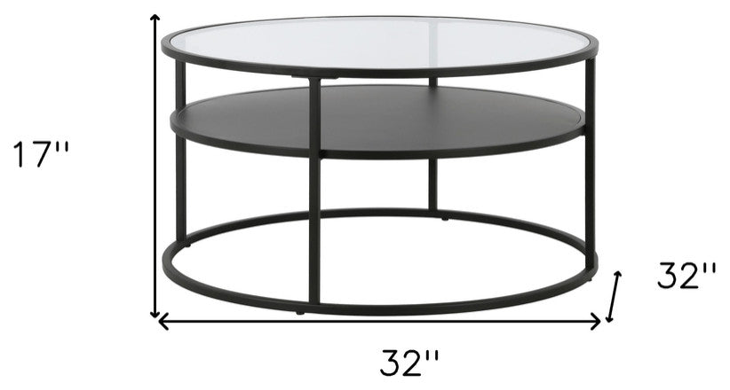 32" Black Glass And Steel Round Coffee Table With Shelf