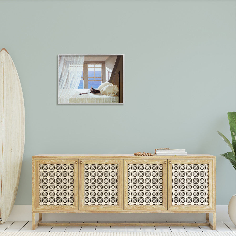 Cat Resting on White Oceanside Bed Nautical Painting, 30 x 24