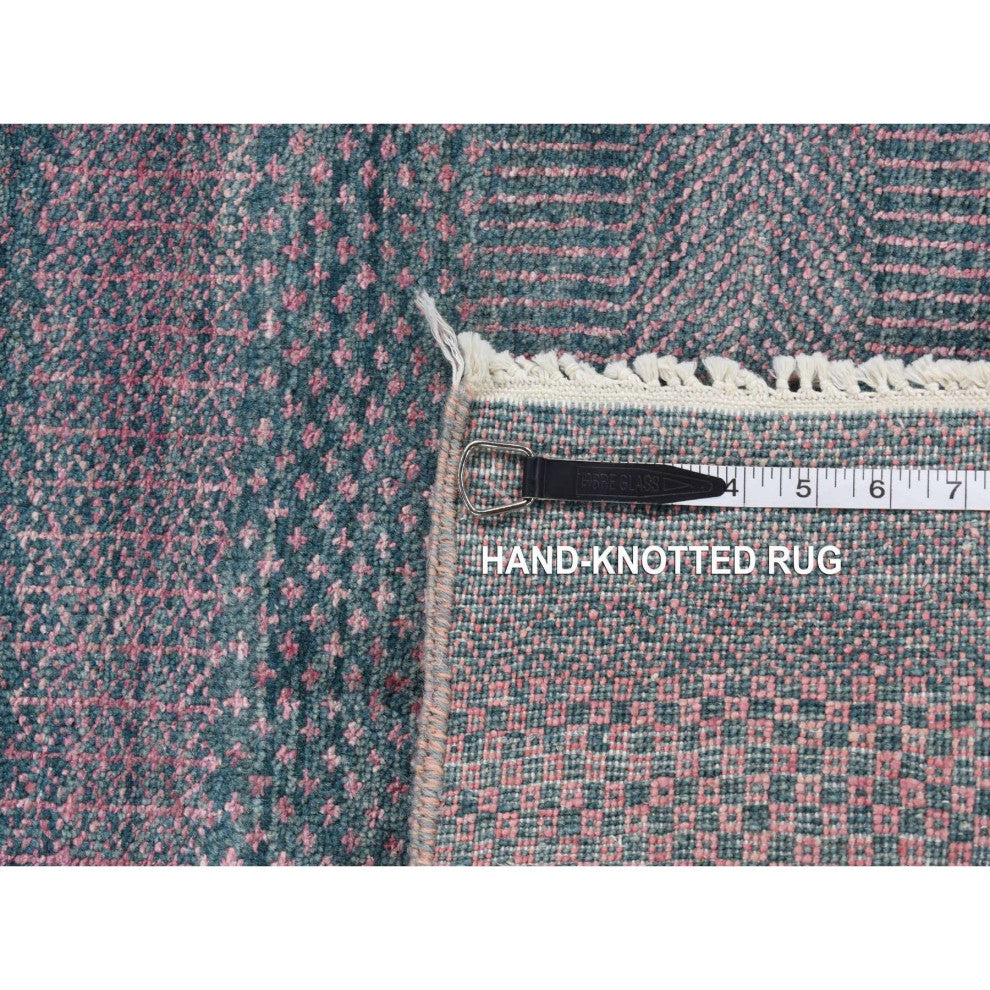 Midnight Green Wool and Silk Grass Design Hand Knotted Runner Rug 2'7"x8'10"