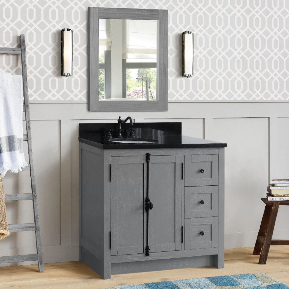 37" Single Vanity, Gray Ash With Black Galaxy Top, Left Doors/Left Oval Sink