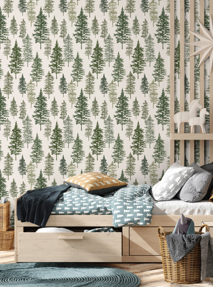 Illustrated Evergreen Forest Peel and Stick Vinyl Wallpaper, Deep Green, 24" X 60"