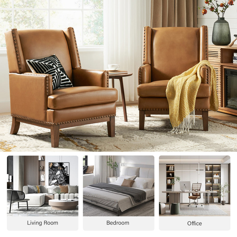 30"W Mid-Century Style Genuine Leather Armchair With Solid Wood Frame, Camel