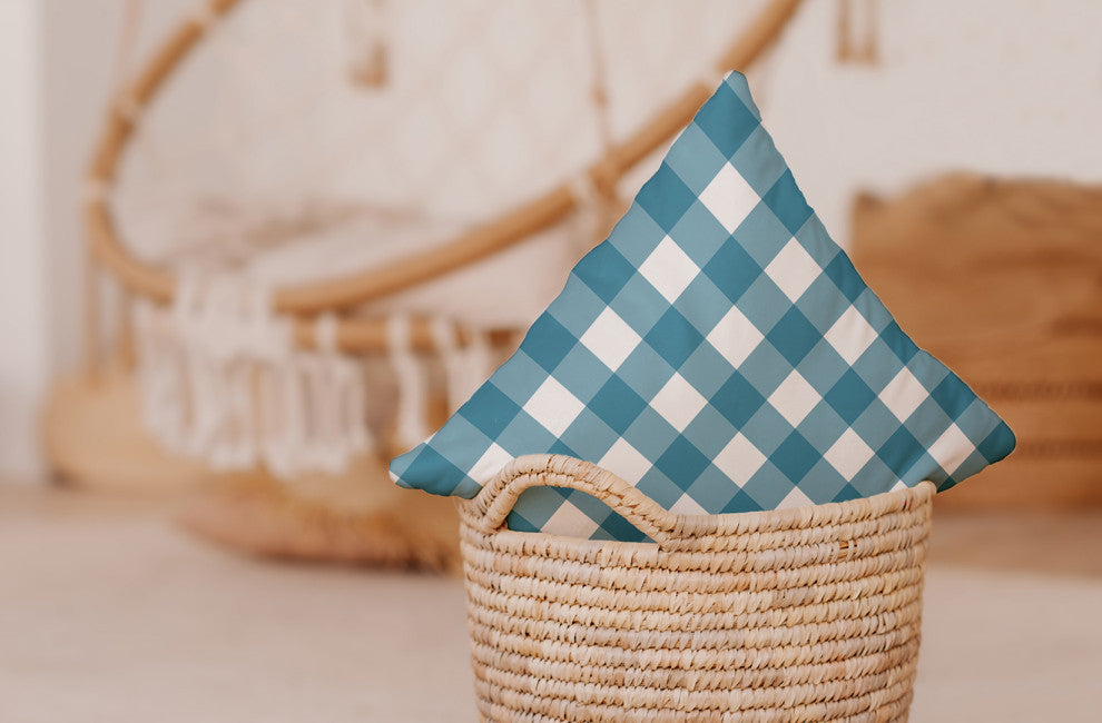 Gingham Plaid Indoor/Outdoor Throw Pillow, Unreal Teal, 18"x18"